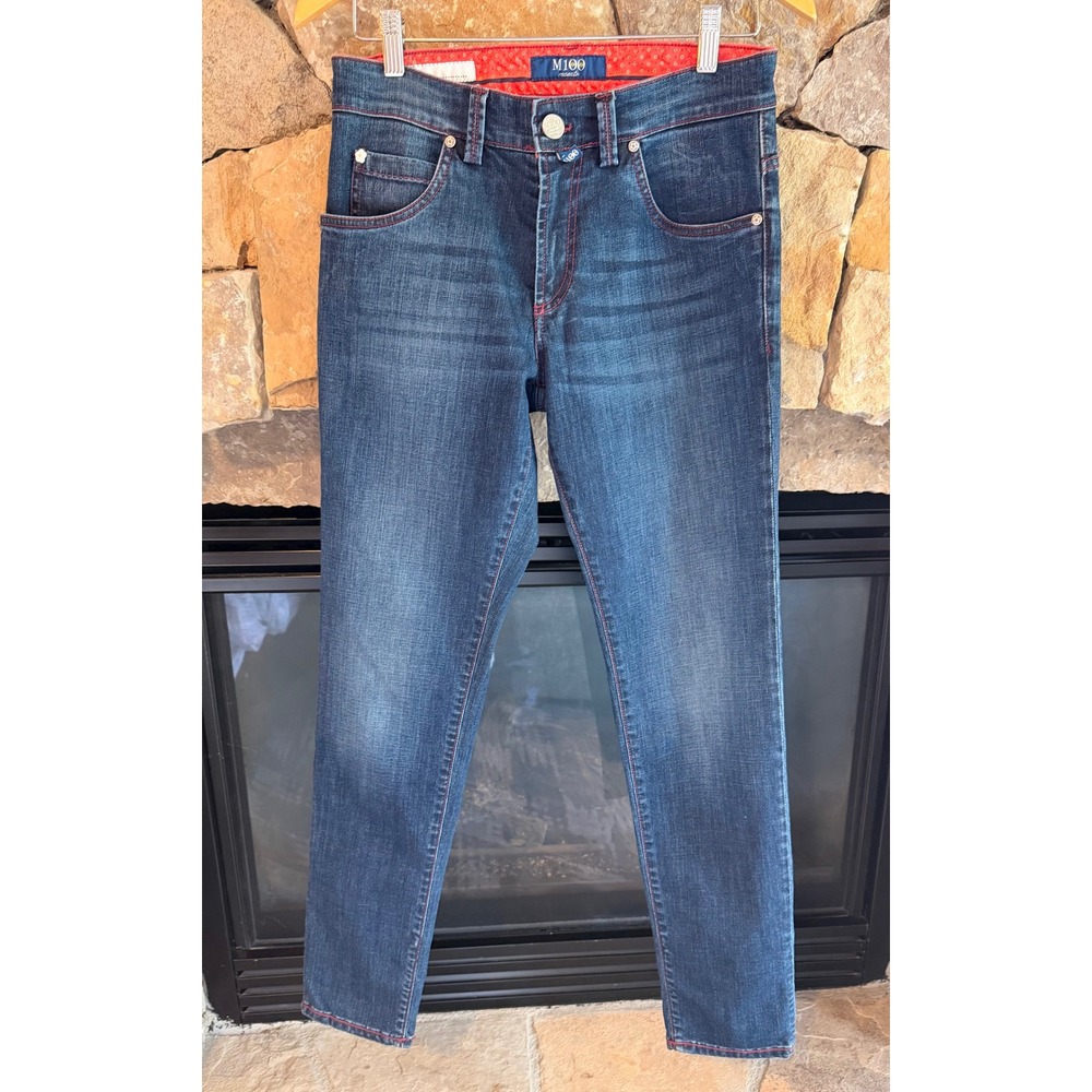 M100 mcento Napoli Tokyo Mens Slim Blue Jeans Red Stitching Size 31 Italy